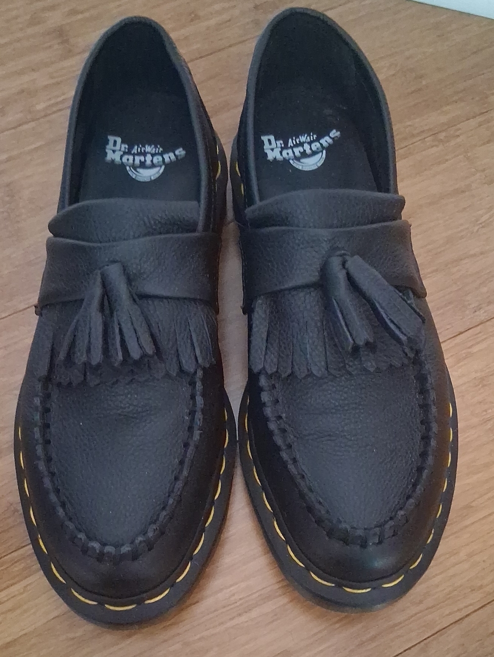Dr. Martens Adrian Black Leather Loafers with Yellow Welt Stitching Size 9